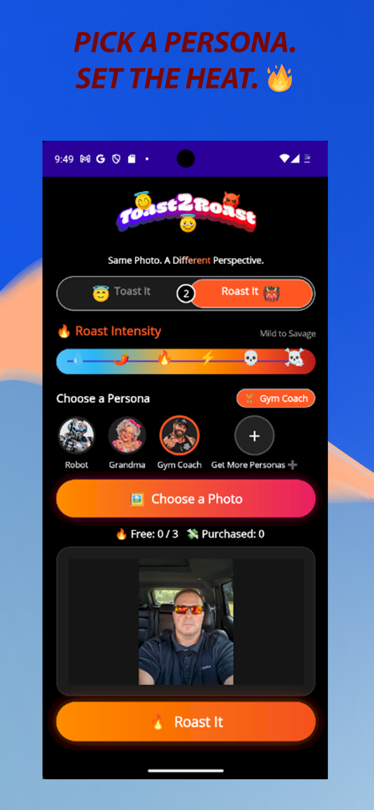 Toast2Roast Roast mode with AI personas and heat slider