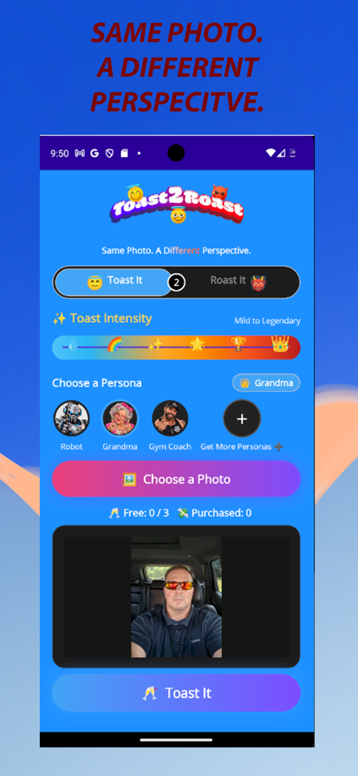 Toast2Roast Toast mode with AI personas and intensity control