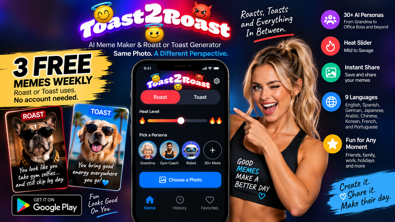 Toast2Roast AI roast generator and AI meme maker with Roast or Toast modes, 30+ AI personas, adjustable intensity and shareable results